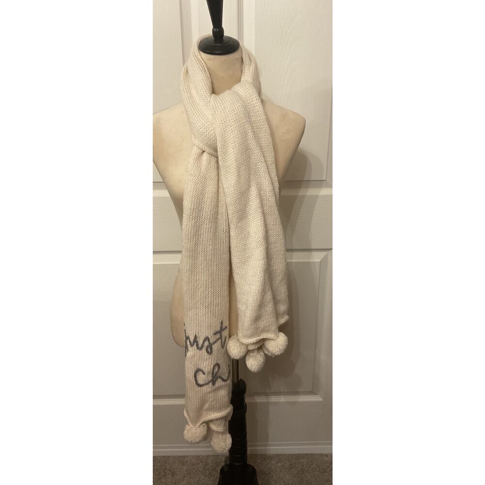 NWT Aerie "Just Chill" Pompom Cream Embroidered Knit Scarf, OS - Picture 5 of 8